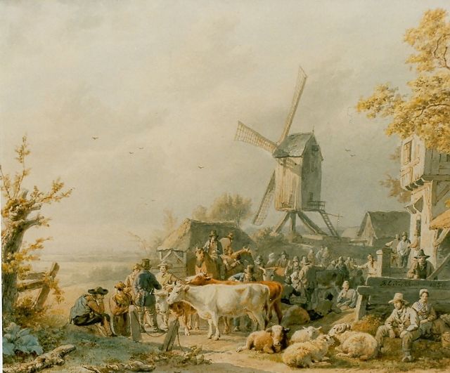 Koekkoek B.C.  | Veemarkt, aquarel op papier 21,5 x 27,4 cm, gesigneerd r.m. en gedateerd 1850