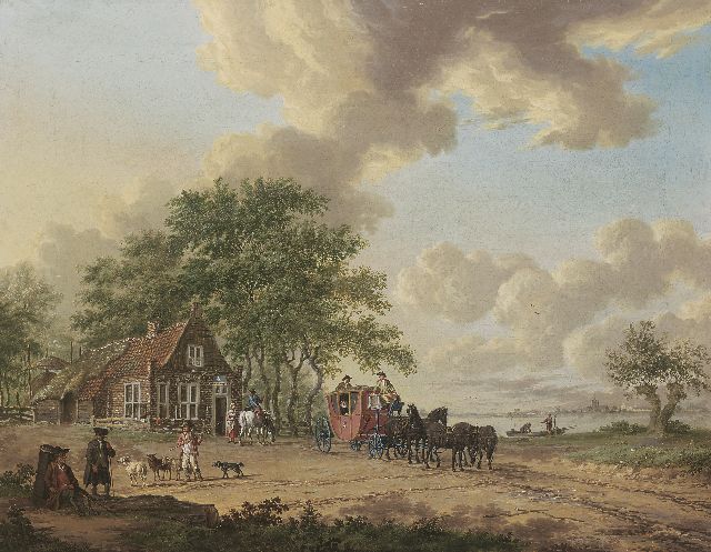 Hendrik Lofvers | Koets en figuren bij een pleisterplaats, olieverf op doek, 49,3 x 63,9 cm, gesigneerd r.o. en gedateerd 1789