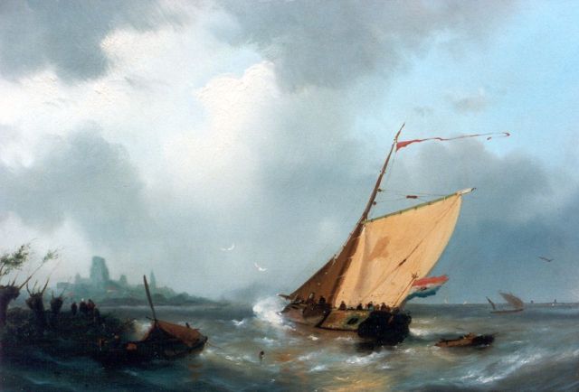 Adrianus David Hilleveld | Zeilboot voor de kust, olieverf op paneel, 30,5 x 46,0 cm, gesigneerd l.o. en gedateerd '57