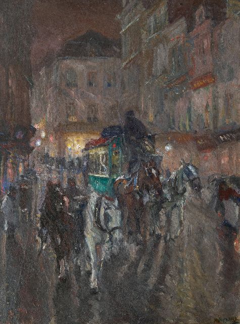Niekerk M.J.  | Omnibus in de stad bij avond, olieverf op doek 115,5 x 85,3 cm, gesigneerd r.o. en gedateerd 1919