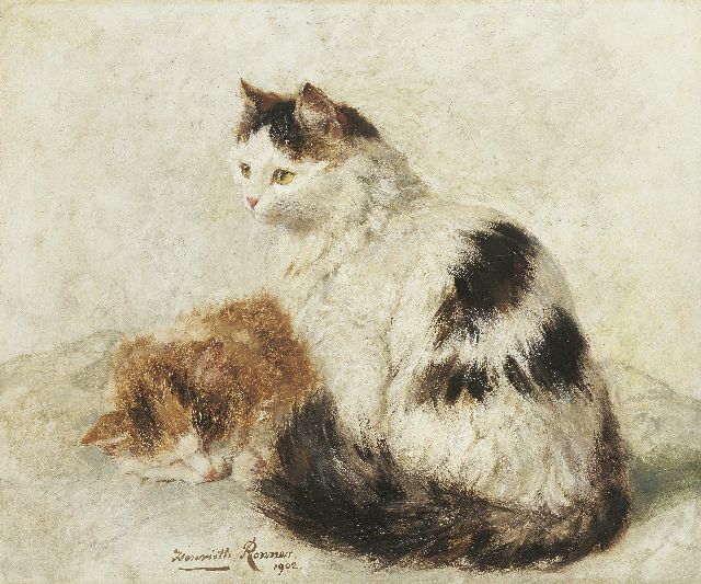 Henriette Ronner | Slapende roodbruine kat en wit gevlekte kat, olieverf op paneel, 36,9 x 45,0 cm, gesigneerd m.o. en gedateerd 1902