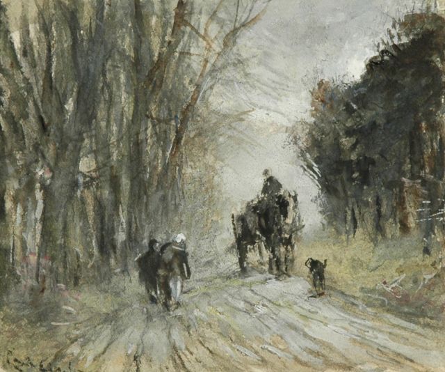 Apol L.F.H.  | Paard-en-wagen en figuren op besneeuwd bospad, aquarel op papier 10,8 x 13,4 cm, gesigneerd l.o. (vaag)