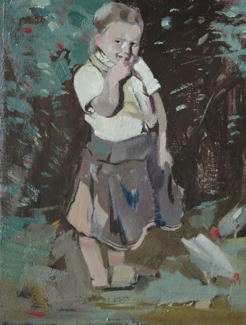 Wiggers K.H.  | Meisje met kip, olieverf op board 30,3 x 23,9 cm