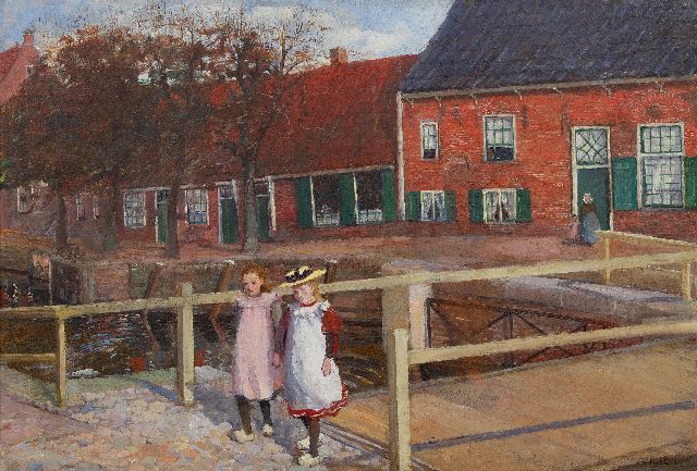 Koster J.P.C.A.  | Twee meisjes bij de stadsgracht in Hasselt, olieverf op doek 49,3 x 72,1 cm, gesigneerd r.o. en ca. 1901