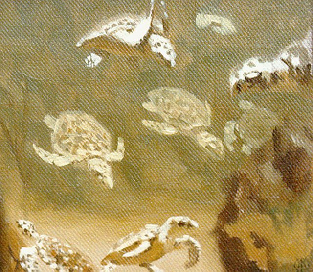 Dijsselhof G.W.  | Waterschildpadjes, olieverf op paneel 15,0 x 15,0 cm, gesigneerd r.o. monogram