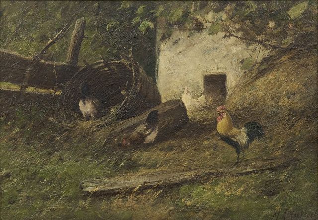 Koekkoek II M.A.  | Haan en kippen bij een broedkorf, olieverf op doek 24,4 x 34,5 cm, gesigneerd r.o.