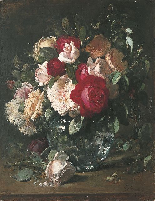 Joors E.  | Rozen in een glazen vaas, olieverf op doek 45,5 x 35,6 cm, gesigneerd r.o. en gedateerd 1887