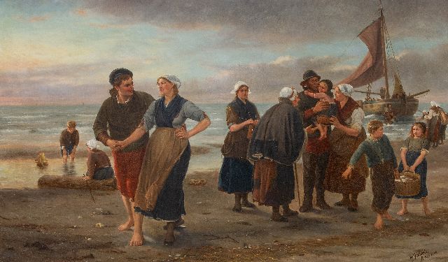 Hendriks W.  | De gelukkige terugkeer van de vissers, olieverf op doek 73,1 x 120,8 cm, gesigneerd r.o. en gedateerd 'Anvers 1906'