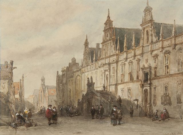 Behr C.J.  | Gezicht op het stadhuis van Leiden, aquarel op papier 24,0 x 31,7 cm, gesigneerd r.o. en gedateerd 1860
