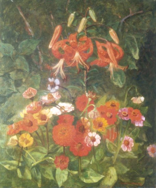 Wandscheer M.W.  | Lelies en zinnia's, olieverf op doek 65,5 x 56,6 cm, gesigneerd r.o. en op het spieraam