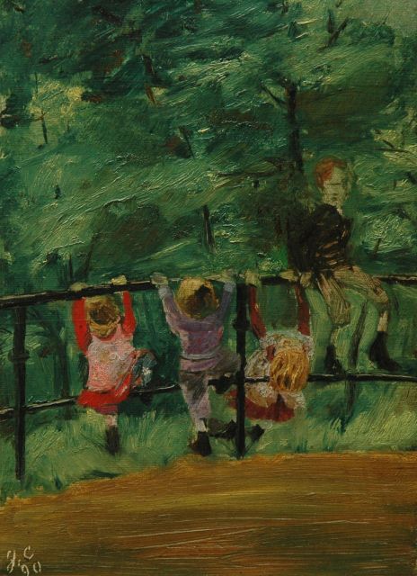 Duitse School   | Spelende kinderen in de Hofgarten, Düsseldorf, olieverf op doek op board 26,7 x 20,0 cm, gesigneerd gesigneerd 'g.c.' en gedateerd '90
