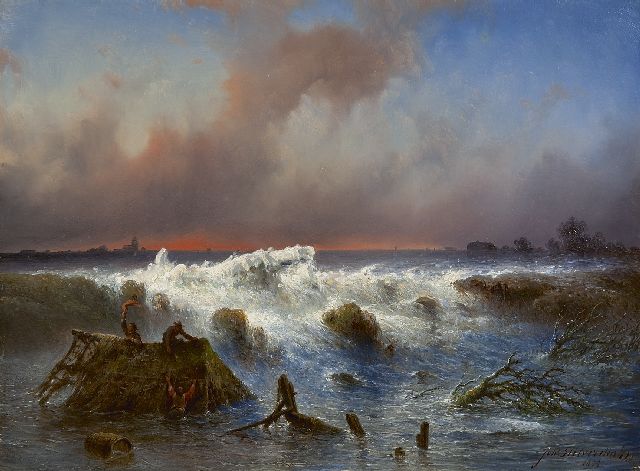 Hilverdink J.  | De dijkdoorbraak in de Grebbedijk op 5 maart 1855, olieverf op paneel 37,1 x 50,1 cm, gesigneerd r.o. en gedateerd 1855