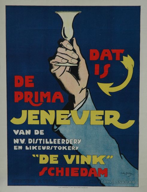 Sluiter J.W.  | Poster 'Dat is de prima Jenever van 'De Vink' Schiedam', kleurenlithografie poster 45,5 x 58,0 cm, gesigneerd r.o. in de steen