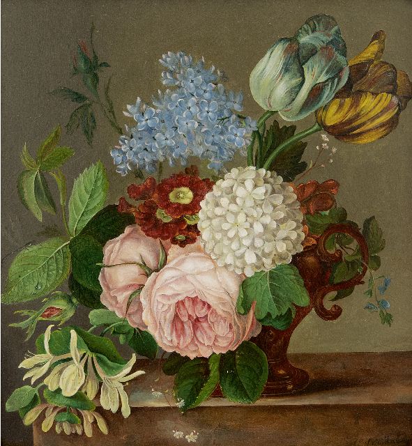 Hulstijn C.J. van | Bloemstilleven met rozen, tulpen, primula's en andere bloemen, olieverf op paneel 29,3 x 26,9 cm, gesigneerd r.o.