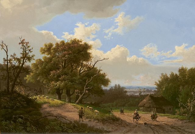 Koekkoek I M.A.  | Boslandschap met herder en landvolk, olieverf op paneel 24,5 x 34,9 cm, gesigneerd r.o. en gedateerd 1851