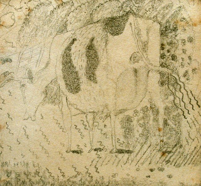 Kruyder H.J.  | Grazende koe, potlood op papier 11,3 x 11,0 cm, gesigneerd r.o. en gedateerd 1927