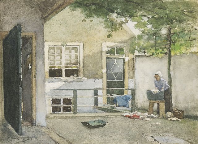 Jan Hendrik Weissenbruch | Wasdag: uitzicht vanuit het atelier van de schilder op de binnenplaats van zijn huis aan de Kazernestraat, Den Haag, zwart krijt, aquarel en gouache op schildersboard, 52,8 x 71,8 cm, gesigneerd l.o.