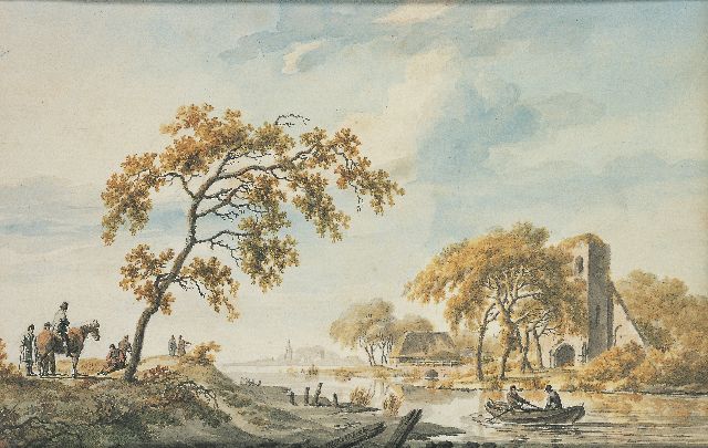 Koekkoek B.C.  | Landvolk bij een rivier met ruïne, gewassen inkt en aquarel op papier 17,4 x 26,5 cm, gesigneerd m.o.