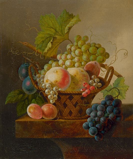Bruyn J.C. de | Stilleven met druiven en perziken in een mand, olieverf op doek 43,8 x 36,0 cm, gesigneerd r.o.