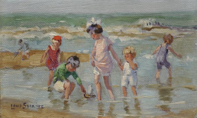Soonius L.  | Pootje baden langs het strand, olieverf op doek op board 8,8 x 13,9 cm, gesigneerd l.o.