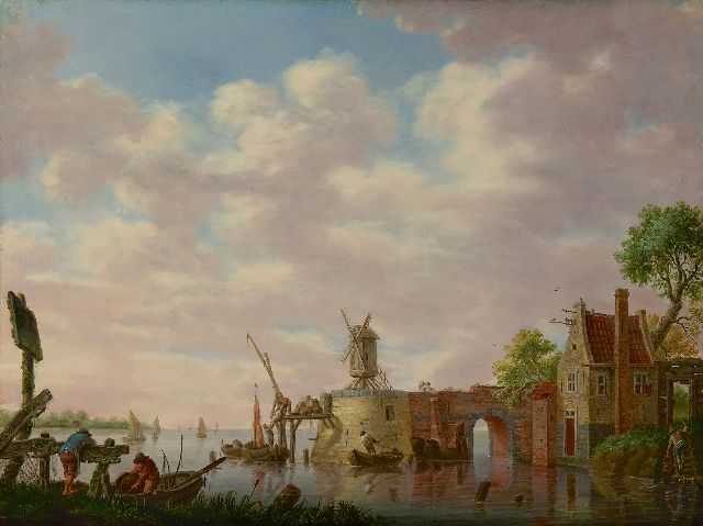 Schweickhardt H.W.  | Hollands riviergezicht met vissers, olieverf op paneel 30,8 x 42,2 cm, gesigneerd l.o. op hek