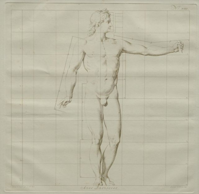 Wit J. de | De ideale proporties van het menselijk lichaam - Man (no.VIII), gravure op papier 40,0 x 40,0 cm