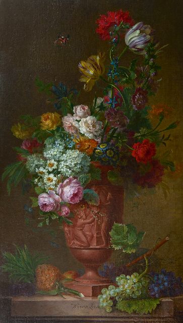 Leen W. van | Pronkstilleven met bloemen en vruchten, olieverf op doek 130,5 x 75,2 cm, gesigneerd m.o.