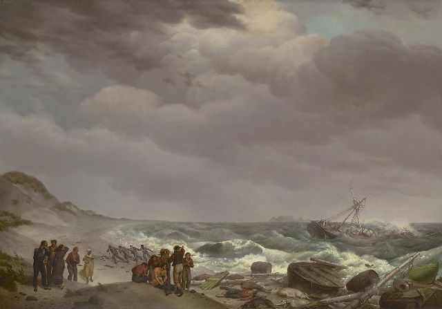 Koekkoek J.H.  | Schipbreuk bij de Tsaarsbank, Zuid-Afrika, met in de verte de Tafelberg, olieverf op paneel 57,4 x 82,8 cm, gesigneerd r.o. en gedateerd 1824 (vaag)