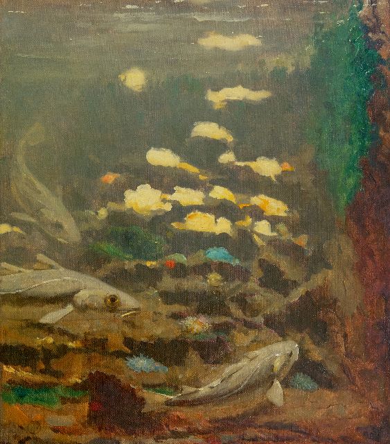 Gerrit Willem Dijsselhof | Kabeljauwen en anemonen, olieverf op doek, 40,3 x 35,0 cm, gesigneerd l.o. monogram