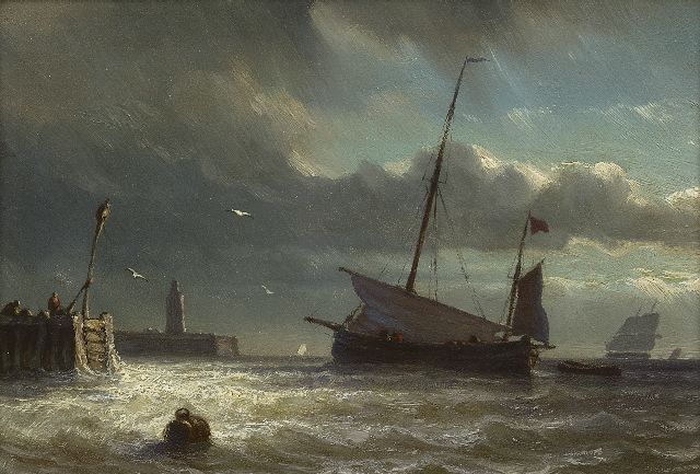 Hoffmann G.J.  | Vissersschip voor een haveningang, olieverf op paneel 12,9 x 18,6 cm
