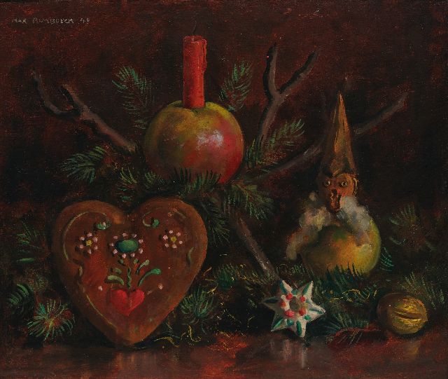 Rimböck M.  | Kerststilleven, olieverf op schildersboard 29,4 x 35,3 cm, gesigneerd l.b. en gedateerd '49