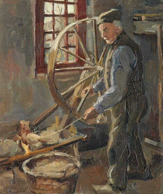 Mondriaan P.C.  | Interieur met wol spinnende boer, olieverf op doek 34,0 x 28,0 cm, te dateren ca. 1893-97