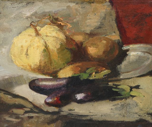 Surie J.  | Stilleven met aubergines, olieverf op doek 37,8 x 42,5 cm, gesigneerd op doekomslag
