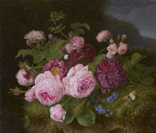 Knip H.G.  | Boeket rozen op de bosgrond, olieverf op doek 36,3 x 42,7 cm