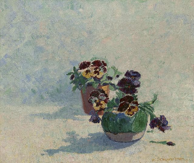 Schuhmacher W.G.C.  | Gemberpot met viooltjes, olieverf op doek 34,5 x 40,3 cm, gesigneerd r.o. en gedateerd 1914