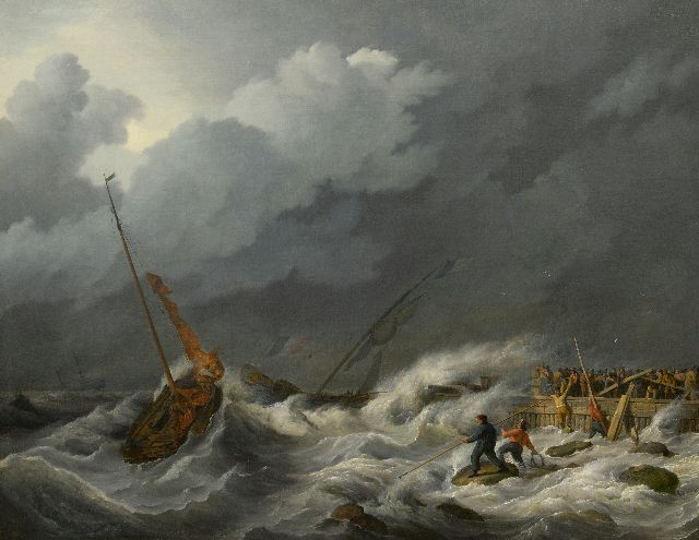 Nicolaas Baur | Zwaar weer bij het binnenlopen van de haven, olieverf op doek, 97,2 x 123,3 cm, ca. 1810