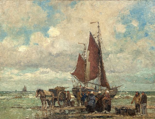 Wilhem Hambüchen | Bomschuit en vissers op het strand van Katwijk, olieverf op doek, 60,2 x 80,4 cm, gesigneerd r.o. en zonder lijst