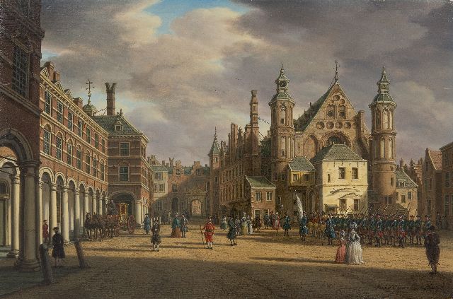 Paulus Constantijn la Fargue | Gezicht op het Binnenhof en de Ridderzaal, olieverf op paneel, 22,7 x 34,8 cm, gesigneerd r.o. en te dateren ca. 1770