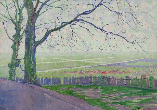 Schuhmacher W.G.C.  | Landschap bij Hillegersberg met bomen op de voorgrond, olieverf op doek 56,5 x 80,7 cm, gesigneerd r.o. en gedateerd 1915