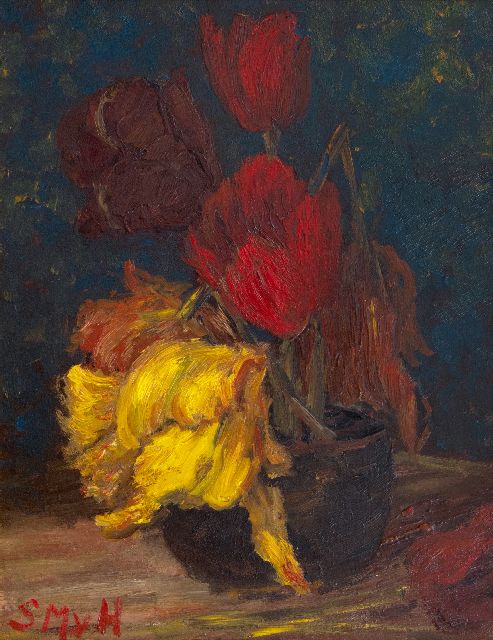 Mesdag-van Houten S.  | Tulpen in een pot, olieverf op paneel 36,1 x 27,3 cm, gesigneerd l.o. met initialen