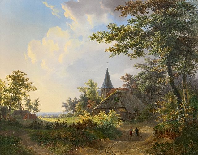 Klerk W. de | Landvolk op een bospad bij een kerkje, olieverf op doek 56,4 x 71,5 cm, gesigneerd m.o.