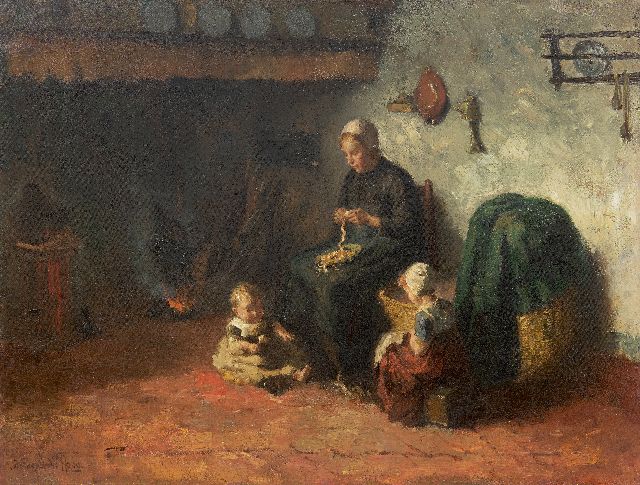 Hoog J.B. de | Boereninterieur met jonge moeder en kinderen, olieverf op doek 50,0 x 65,5 cm, gesigneerd l.o.