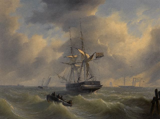 Schiedges P.P.  | Een brik op woelige zee, olieverf op paneel 38,7 x 51,8 cm, gesigneerd r.o. en gedateerd 1835