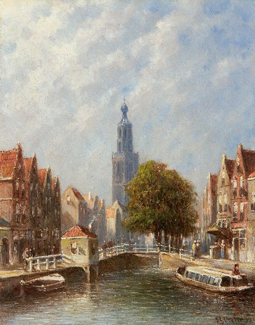 Vertin P.G.  | Zomers stadsgezicht met de toren van de Goudse Sint-Janskerk, olieverf op paneel 20,2 x 16,0 cm, gesigneerd r.o. en gedateerd '93