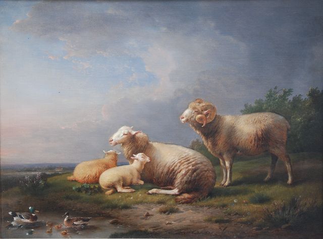 Severdonck F. van | Schaap, ram en lammeren in een landschap, olieverf op doek 51,0 x 66,5 cm, gesigneerd r.o.