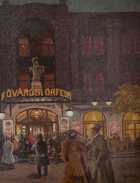 Antal Berkes | Bij het Variététheater Fövárosi Orfeum in Boedapest, olieverf op doek, 115,3 x 89,0 cm, gesigneerd r.o. en gedateerd (onduidelijk), zonder lijst