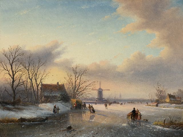 Jacob Jan Coenraad Spohler | Winterlandschap met schaatsers (pendant van Zomers rivierlandschap), olieverf op doek, 43,5 x 57,4 cm, gesigneerd l.o. en gedateerd '57
