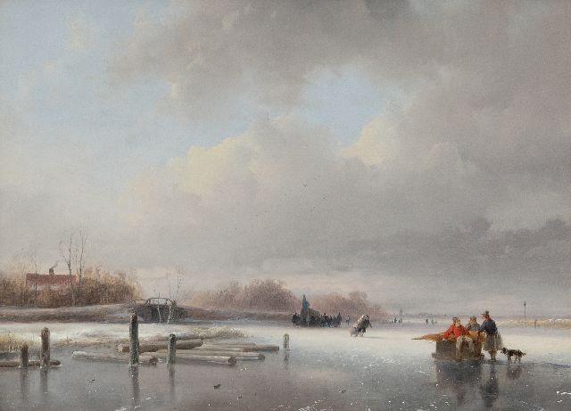 Schelfhout A.  | Bevroren rivier met schaatsers en een koek-en-zopie, olieverf op paneel 29,5 x 39,7 cm, gesigneerd l.o. en te dateren ca. 1832-1834