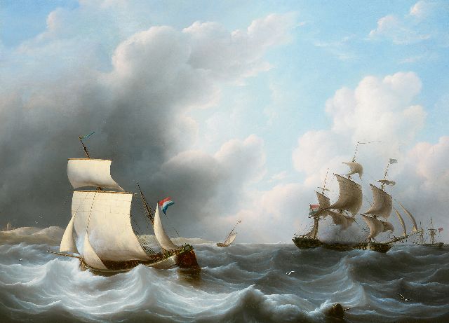Schouman M.  | Zeegezicht met kofschip en fregat, olieverf op doek 72,0 x 98,5 cm, gesigneerd r.o. en te dateren ca. 1810-1820