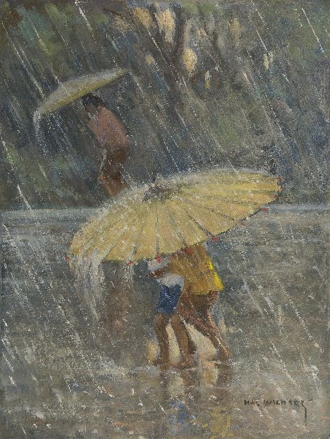 Hal Wichers | De tropische regenbui, olieverf op board, 40,0 x 30,1 cm, gesigneerd r.o.
